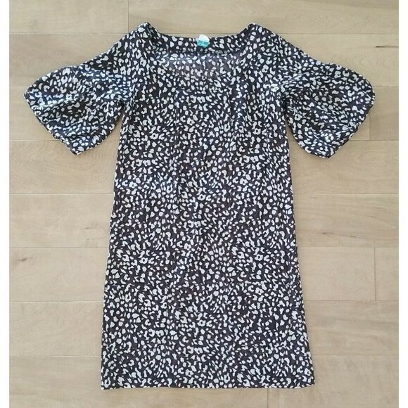Aqua Tan and Brown Leopard Print Short Puffy Sleeves Knee-Length Dress Size S - Picture 1 of 4